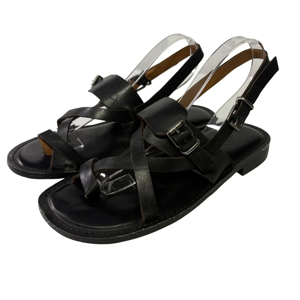 Patricia Nash Fidella Black Leather Strappy Buckle Gladiator Toe Loop Sandals 7M